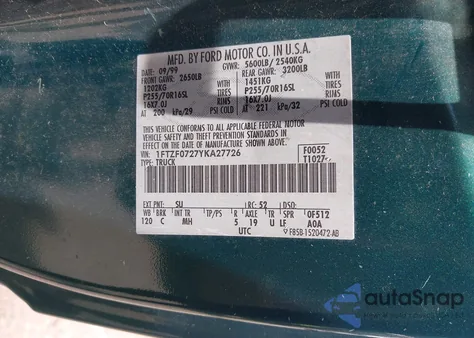 2000 Ford F-150 Xl/Xlt from USA, damaged, VIN 1FTZF0727YKA27726